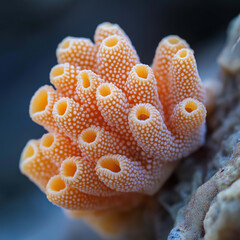 Coral reef structure showcasing vibrant orange polyps with intricate details and textures, creating stunning underwater scene. sharp edges and crisp details highlight beauty of marine life