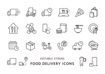 フードデリバリーにまつわるアイコンセット（モノクロ）