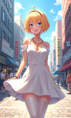 Fototapeta premium The vibrant scene captures an anime girl with blonde hair, wearing a light summer dress and knee-high socks, as she strolls through a bustling city filled with shops and awnings.