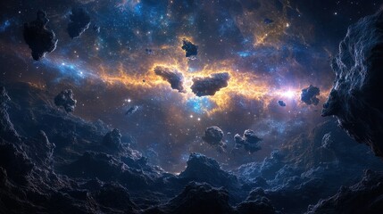 Obraz premium A breathtaking view of a nebula with rocky asteroids in the foreground. The nebula is a vibrant mix of blue, orange, and yellow hues, with bright stars shining through.