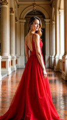 Obraz premium A sophisticated woman showcases a bold red dress with a deep neckline and black stocking, standing confidently in a beautifully adorned room illuminated by sunlight streaming through large windows