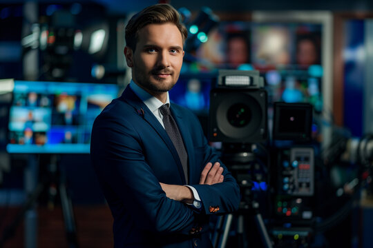a photo of a tv news presenter on a popular channel. live stream broadcast on television. handsome white american british guy in a suit. weather forecast in a studio