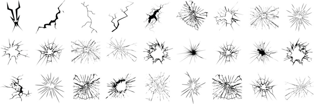 Cracked glass vector collection featuring various shattered glass effects, broken lines, and impact cracks. Perfect for digital art, graphic design, and realistic simulation of broken surfaces