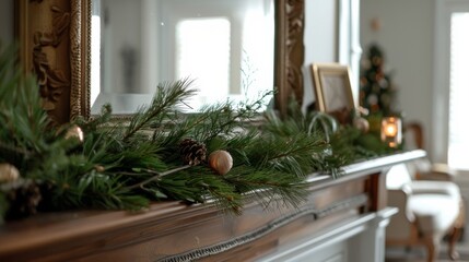 Obraz premium A festive arrangement of pine branches, pinecones, and candles adorns a mantle, evoking a cozy, holiday atmosphere in a warm, inviting room.