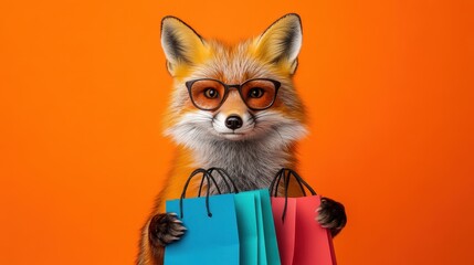 Fototapeta premium Fox Character with Shopping Bags in Vibrant Background