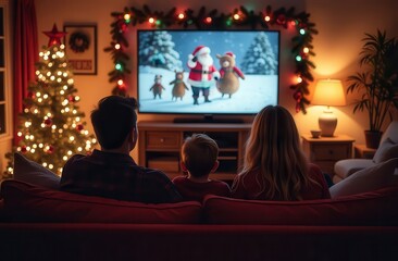 A family enjoys a cozy Christmas evening, watching a holiday movie with Santa on TV, surrounded by a festive Christmas tree and warm lights