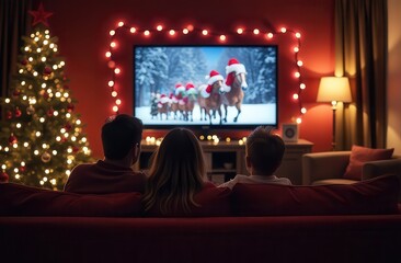 A family watches a Christmas movie at home, surrounded by festive decorations, a Christmas tree, and cozy lights, creating a warm holiday atmosphere