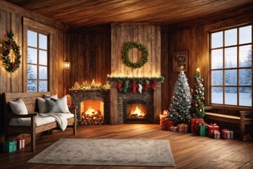 Cozy fireplace with Christmas decorations and gifts over wooden wall