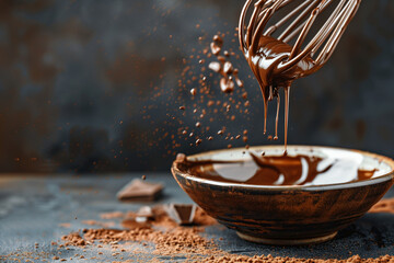 Chocolate cream flowing from whisk into bowl on table, closeup


