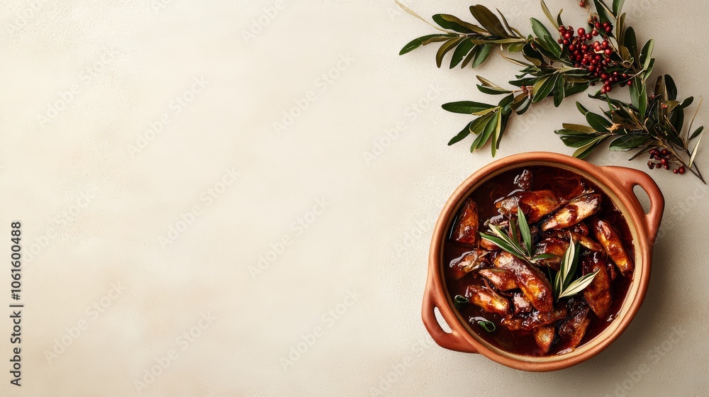 Poster top view of a clay pot with a stew of meat and vegetables in a red sauce with sprigs of rosemary and