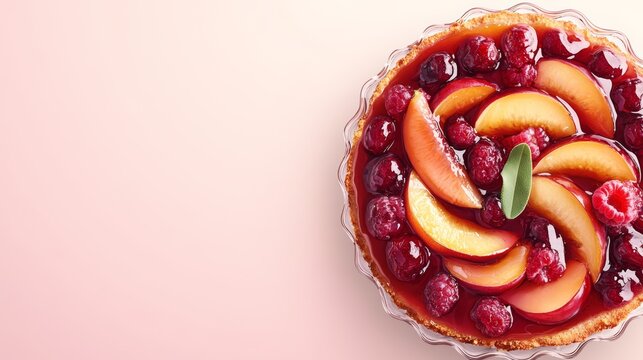 Top view of a delicious peach and raspberry cheesecake on a pink background with copy space.