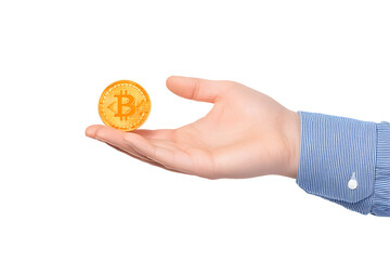 Closeup hand holding a bitcoin, isolated on white background. Cryptocurrency trading concept