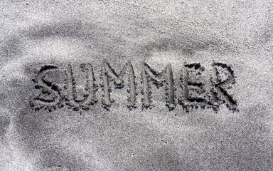 Summer vacation concept. Concept word Summer written on beautiful ocean sand beach. Beautiful ocean sand beach background, copy space. Business Summer vacation concept.