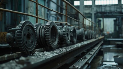 Old gears aligned on a metal rail in a dimly lit factory, showing their intricate design and industrial wear.