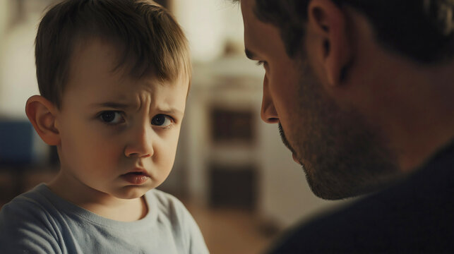 Stern father discipline child, concerned dad boy son, resolute kid conflict guilty, thoughtful punishment family, parent communication relationship - Powered by Adobe