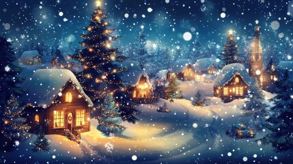 Fototapeta premium A picturesque winter village with snow-covered houses, decorated Christmas trees, and twinkling lights against a backdrop of a starry night sky.