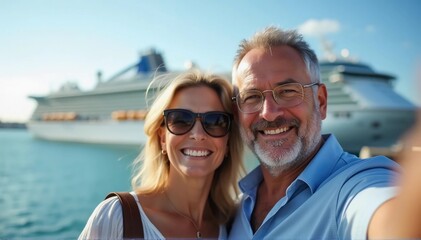 Obraz premium A selfie photo of a middle-aged man and woman with a beautiful cruise ship in the background