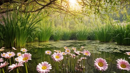 A Serene and Tranquil Pond Adorned with Vibrant Flora Perfect for Relaxation and Reflection