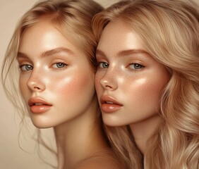 Fototapeta premium A photorealistic before and after photo of an elegant blonde woman with clear skin. The left side shows visible redness, while the right side features smooth, ,generative ai