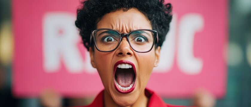 A woman with curly hair passionately shouts, wearing glasses and red lipstick, in front of a sign that reads "RVC," conveying strong emotions.