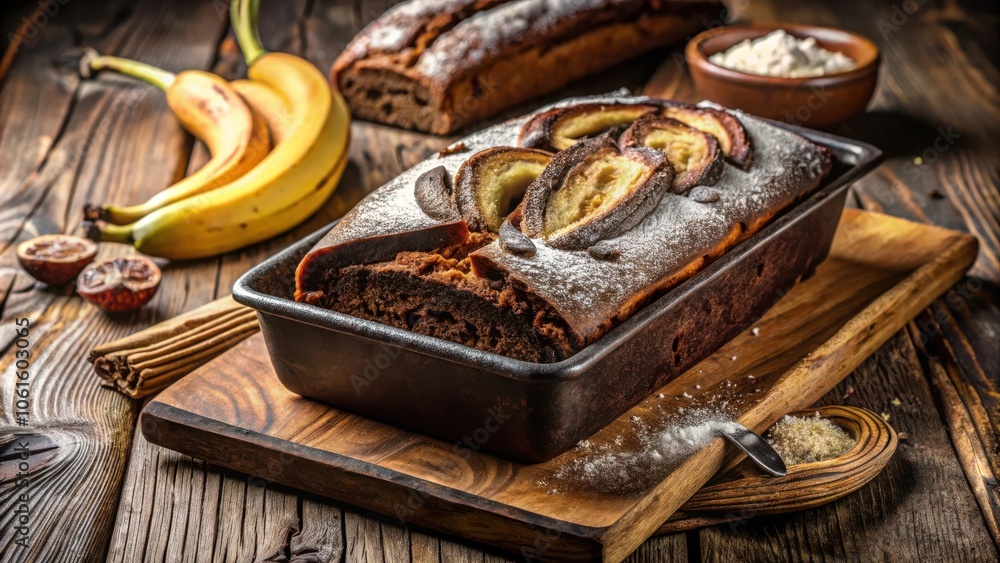 Poster a freshly baked banana bread loaf topped with powdered sugar and sliced bananas, presented on a wood