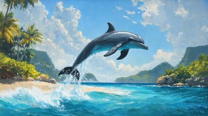 Fototapeta premium Playful dolphin leaping out of turquoise water, with tropical scenery and a clear blue sky in the background