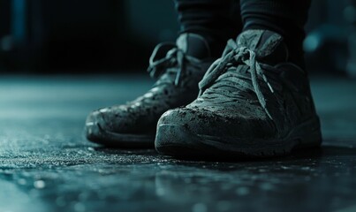 Muddy shoes on dark, gritty floor.