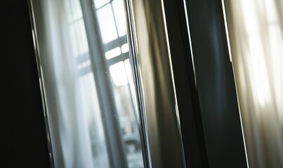 A close-up of a window frame with curtains.