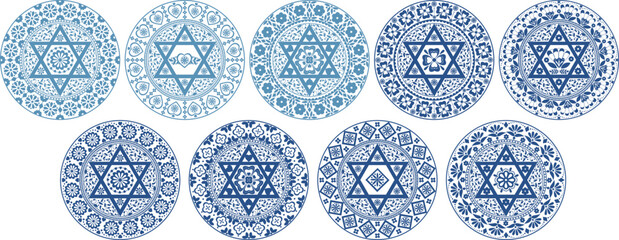 Set of Jewish motifs mandala. Highly detailed blue lace illustrations with folk floral motifs and six pointed star. Use as decoration for events and holidays