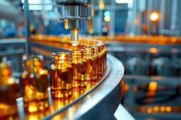 Medical vials on production line at pharmaceutical factory, Pharmaceutical machine working pharmaceutical glass bottles production line,


