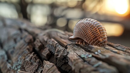 Close-up of a textured seashell resting on a rugged, weathered piece of driftwood, with a warm, blurred sunset backdrop.