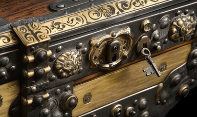 Ornate metal chest with key and lock.