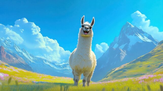 Smiling llama standing in an open field with mountains and a bright blue sky behind, creating a cheerful vibe