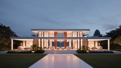 Fototapeta premium A Serene and Sleek Modern Minimalist House Basking in Natural Light, Perfect for Showcasing Contemporary Architecture and Design.