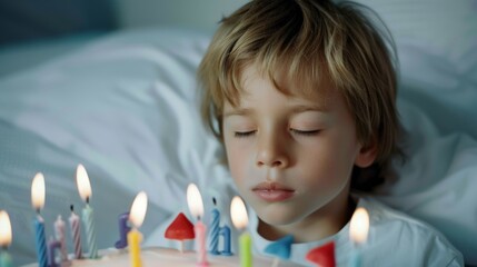 A child is poised to make a birthday wish, eyes closed, serene, the warm glow of birthday candles lighting up their peaceful face.