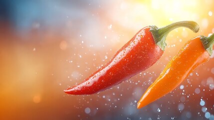 Dynamic splash, two chili peppers create a colorful water droplet display in midair
