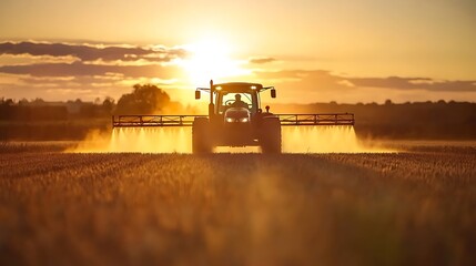 Fototapeta premium A tractor spraying crops at sunset in the farmland
