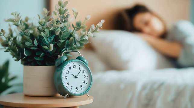 Drowsy nightstand morning alarm, sleepy clock bed woman, weary snooze tired sleep, peaceful routine female, cozy comfortable relaxation