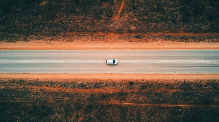 A single white car drives down a straight asphalt road in a barren landscape, captured from a high angle.