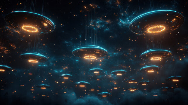 A mesmerizing scene of glowing UFOs floating in a starry sky, surrounded by a mystical atmosphere and vibrant colors.