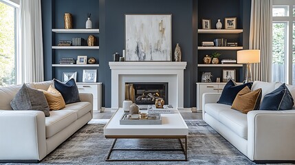 Fototapeta premium A sophisticated living room with a white fireplace, Beautiful living room