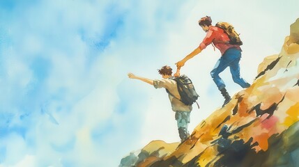 Watercolor Scene of Person Helping Another on Mountain