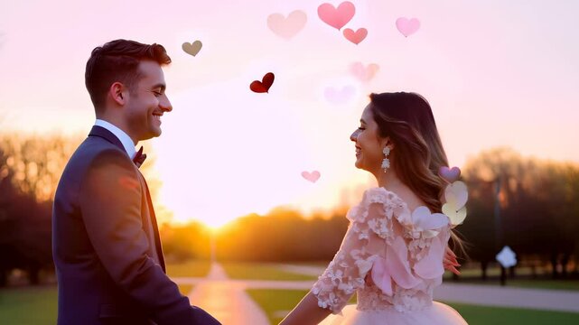 Romantic couple gazing at each other with hearts floating above, set against a soft sunset background, symbolizing love and togetherness