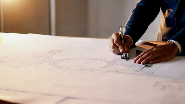 Architect Sketching Blueprint with Ruler and Compass, Precision in Construction Planning
