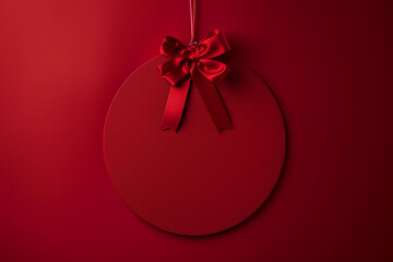 Blank red round sign hanging with red ribbon and bow isolated on dark red background minimal christmas decorations conceptual


