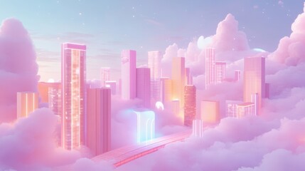A futuristic city with glowing skyscrapers surrounded by pink clouds at sunset.