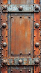 A weathered metal door featuring rust and rivets, suggesting age and industrial design.
