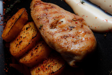 Grilled chicken steak with spices and baked potatoes on a black plate on a dark textured background with copy space.