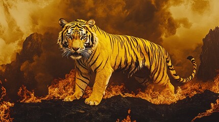 
A majestic tiger walking through the flames of an epic fire