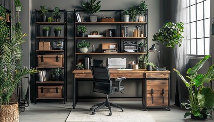 Stylish Office Design with Modern Furniture and Plants